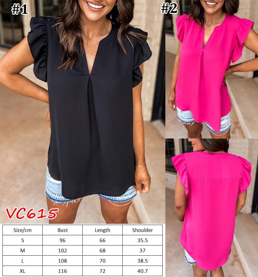 Notched Neck Ruffle Sleeve Blouse | VC615