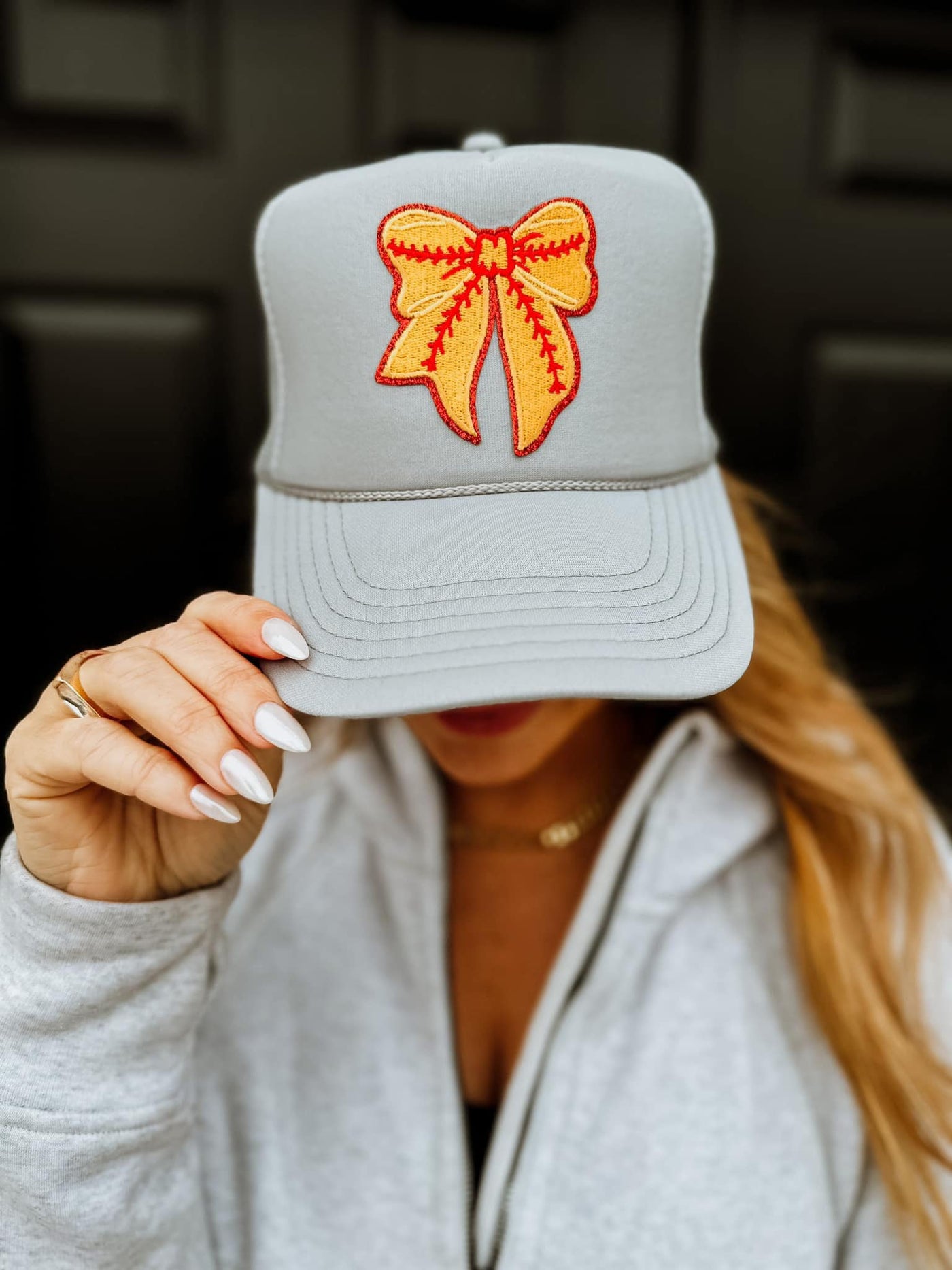 Softball Bow Patch Grey Trucker Hat
