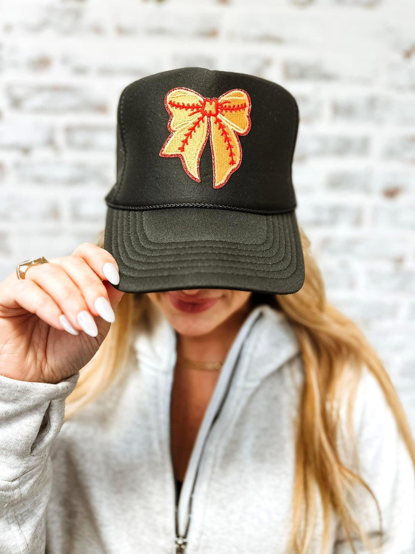 Softball Bow Patch Trucker Hat -Black