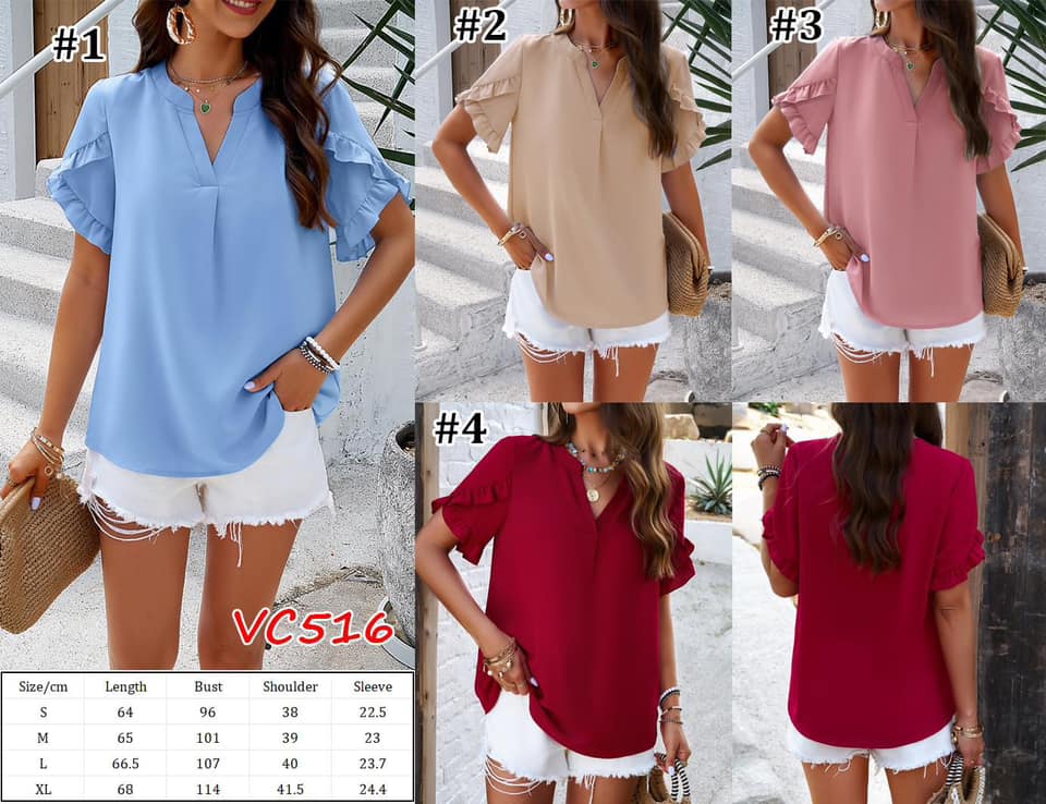 Notched Ruffled Petal Sleeve Top | VC516