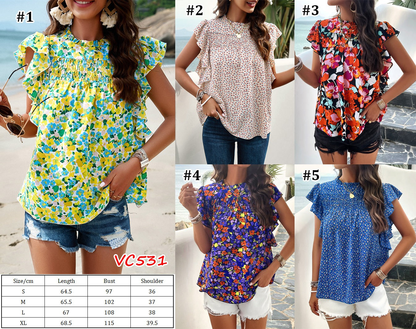 Print Smocked Blouse   | VC531