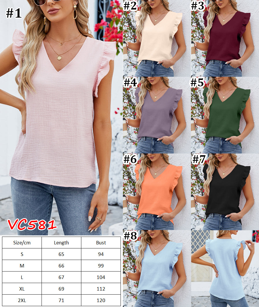 Ruffled V-Neck Cap Sleeve Blouse  | VC581